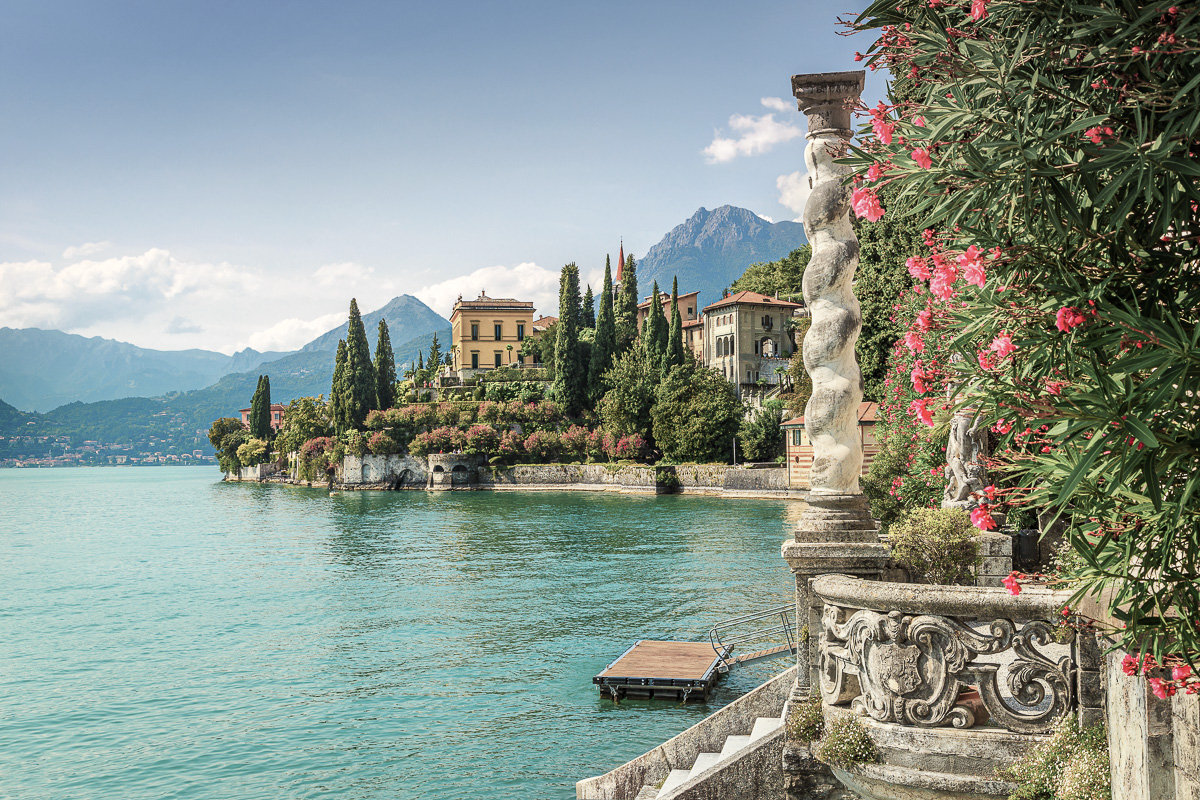 Villa Monastero, stunning botanical garden decorated with mediterranean oleander flowers, lake Como, Italy.