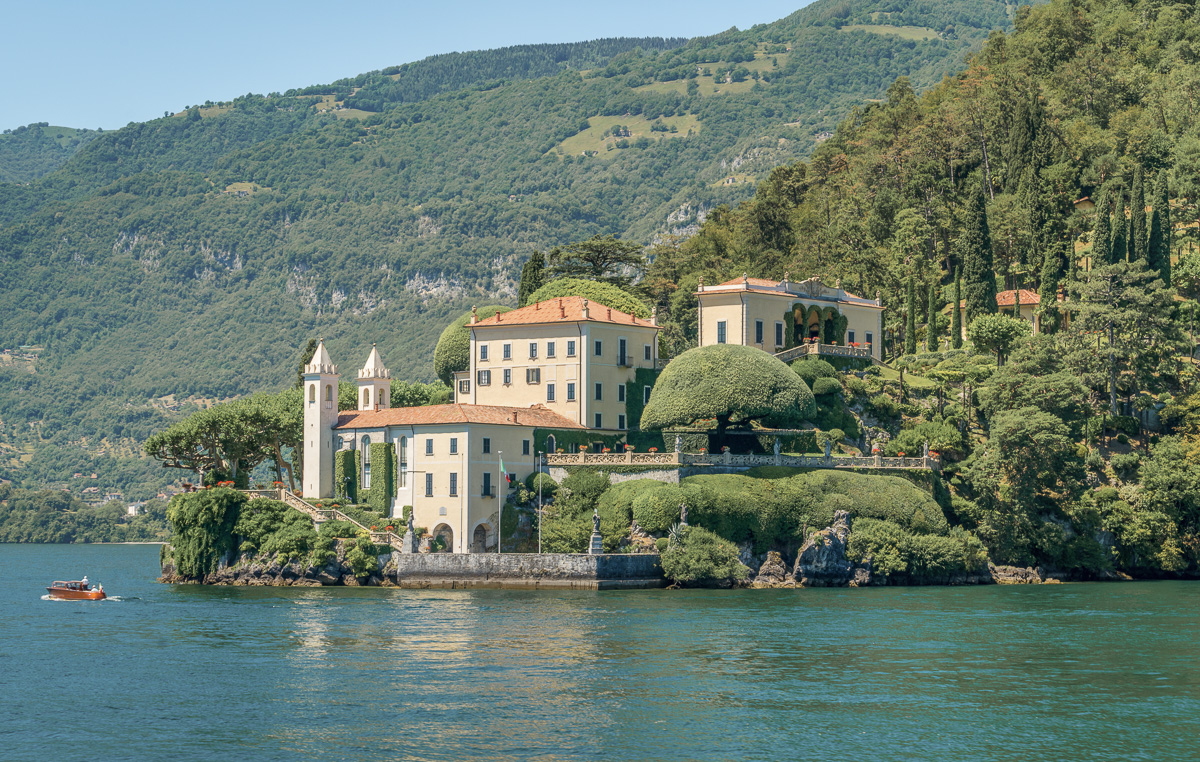Villa Balbianello and its beautiful gardens from the lake, Como.