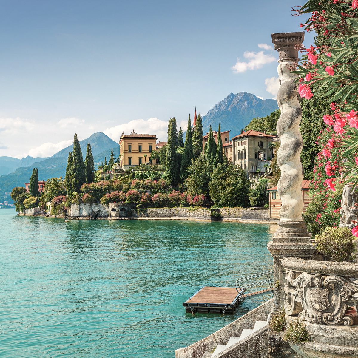 Villa Monastero, stunning botanical garden decorated with mediterranean oleander flowers, lake Como, Italy.