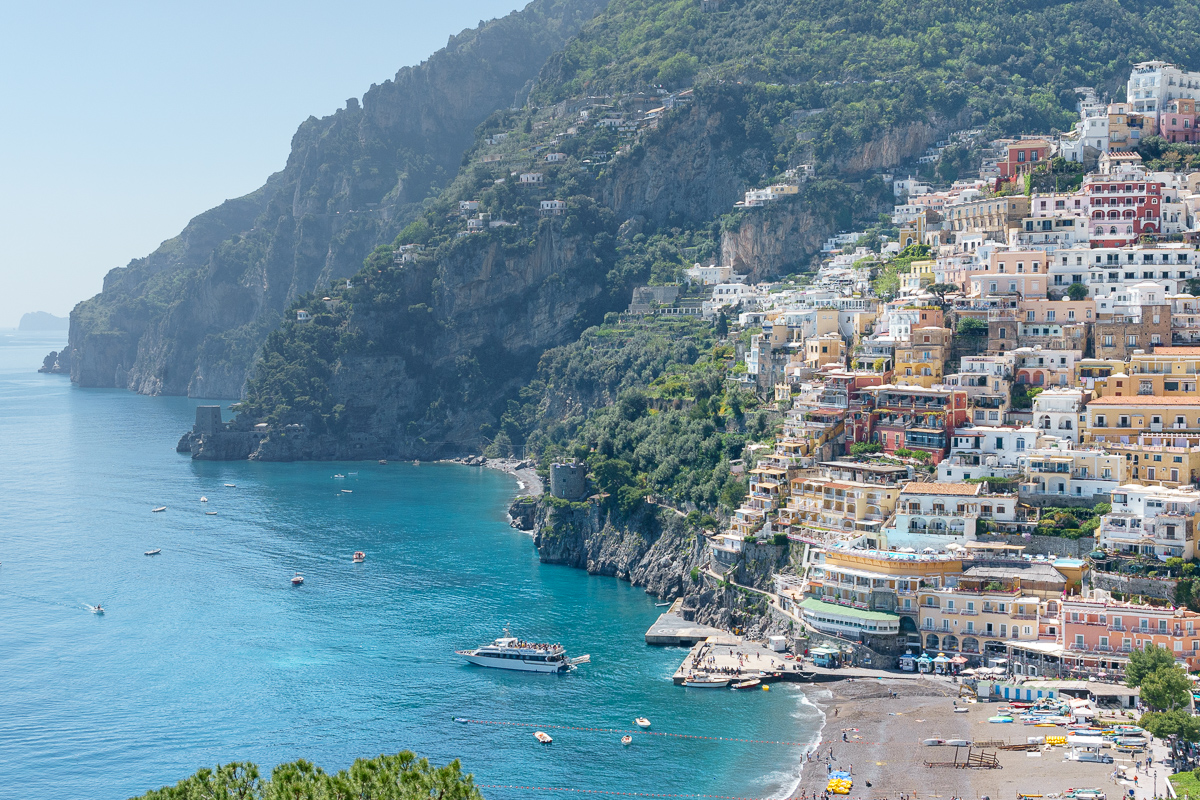 Aerial view of Positano and the Amalfi coast, Italy on a beautiful sunny day.