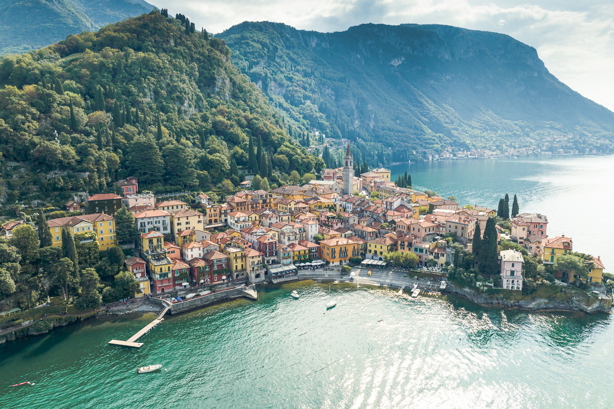 Aerial view of Varenna village on Lake Como, Italy.