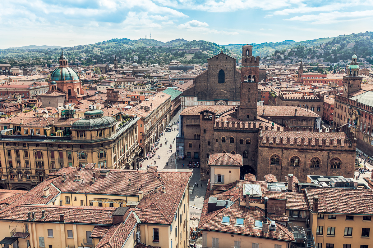 Aerial view of Bologna historical city center, Italy.