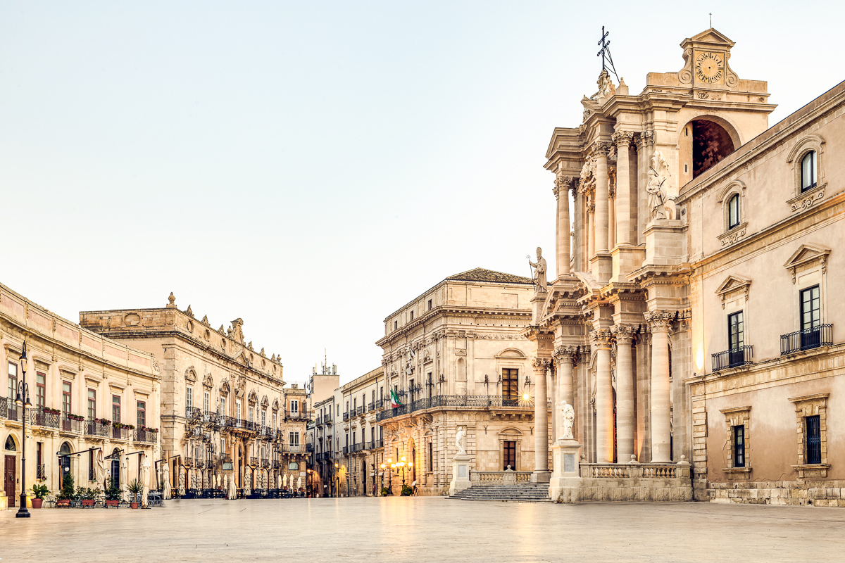 The cathedral plaza in Ortigia, Syracuse, Sicily, in the morning.