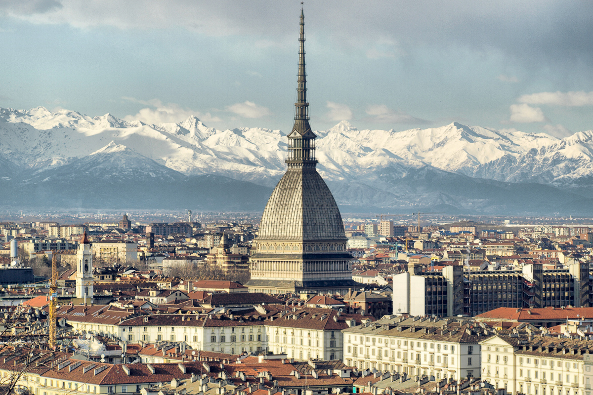 City of Turin (Torino) skyline panorama seen from a hill.