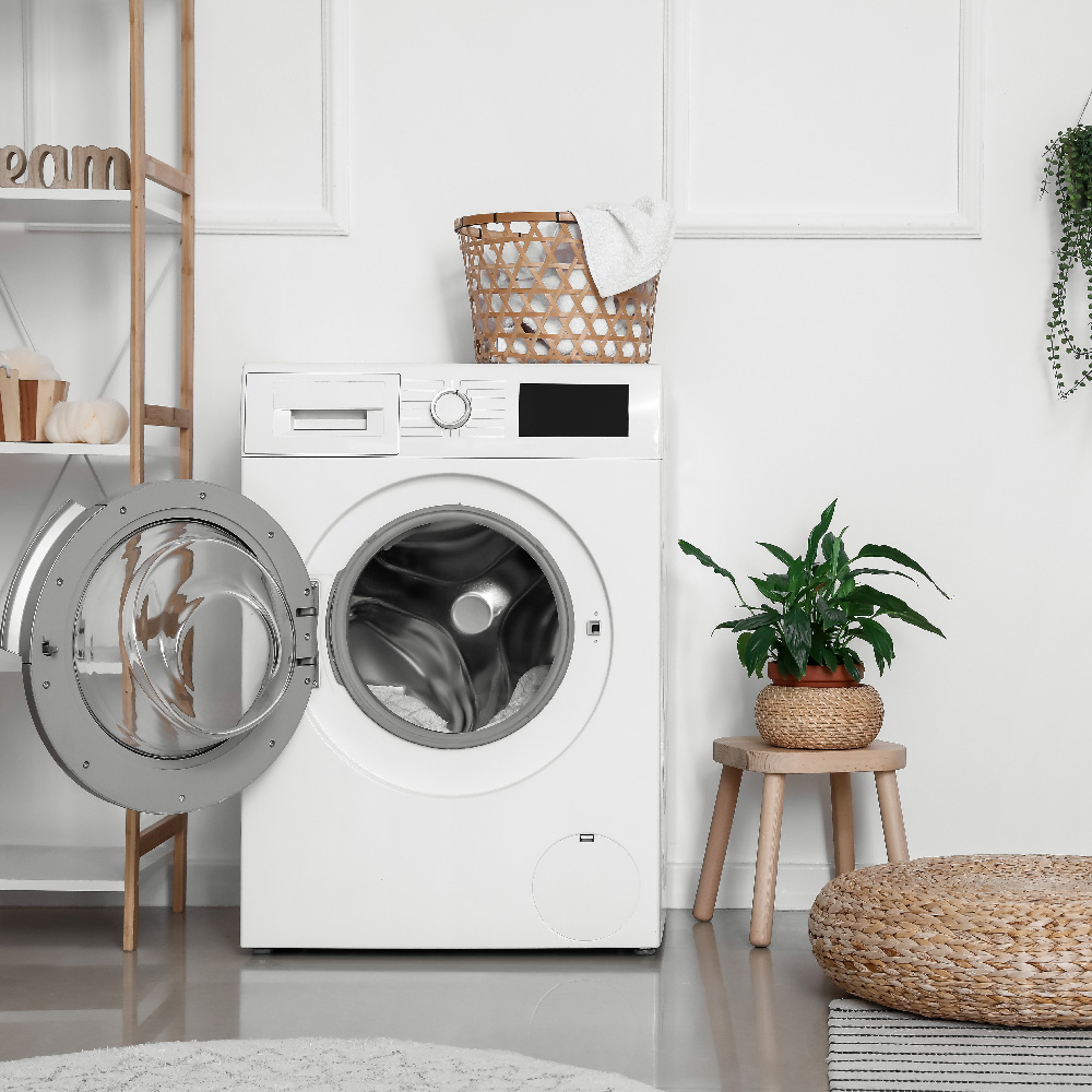 Washing machine in a laundry room.