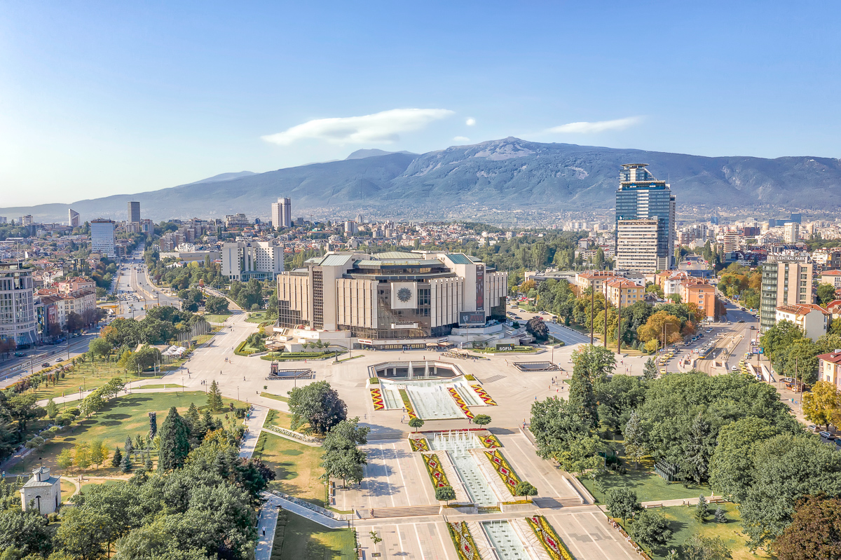 Aerial view of National Palace of Culture in the city of Sofia, Bulgaria.