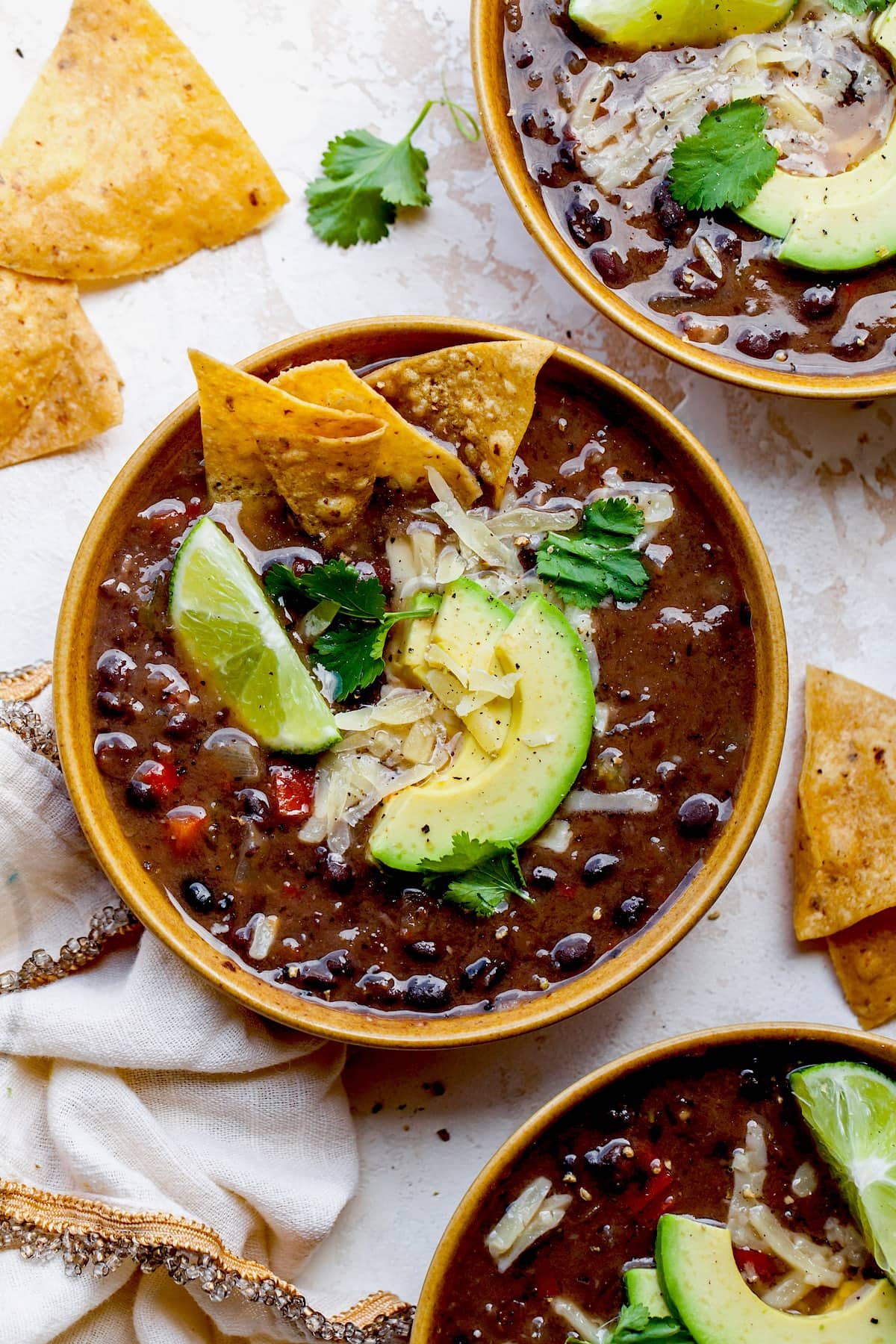 A bowl of black bean soup.