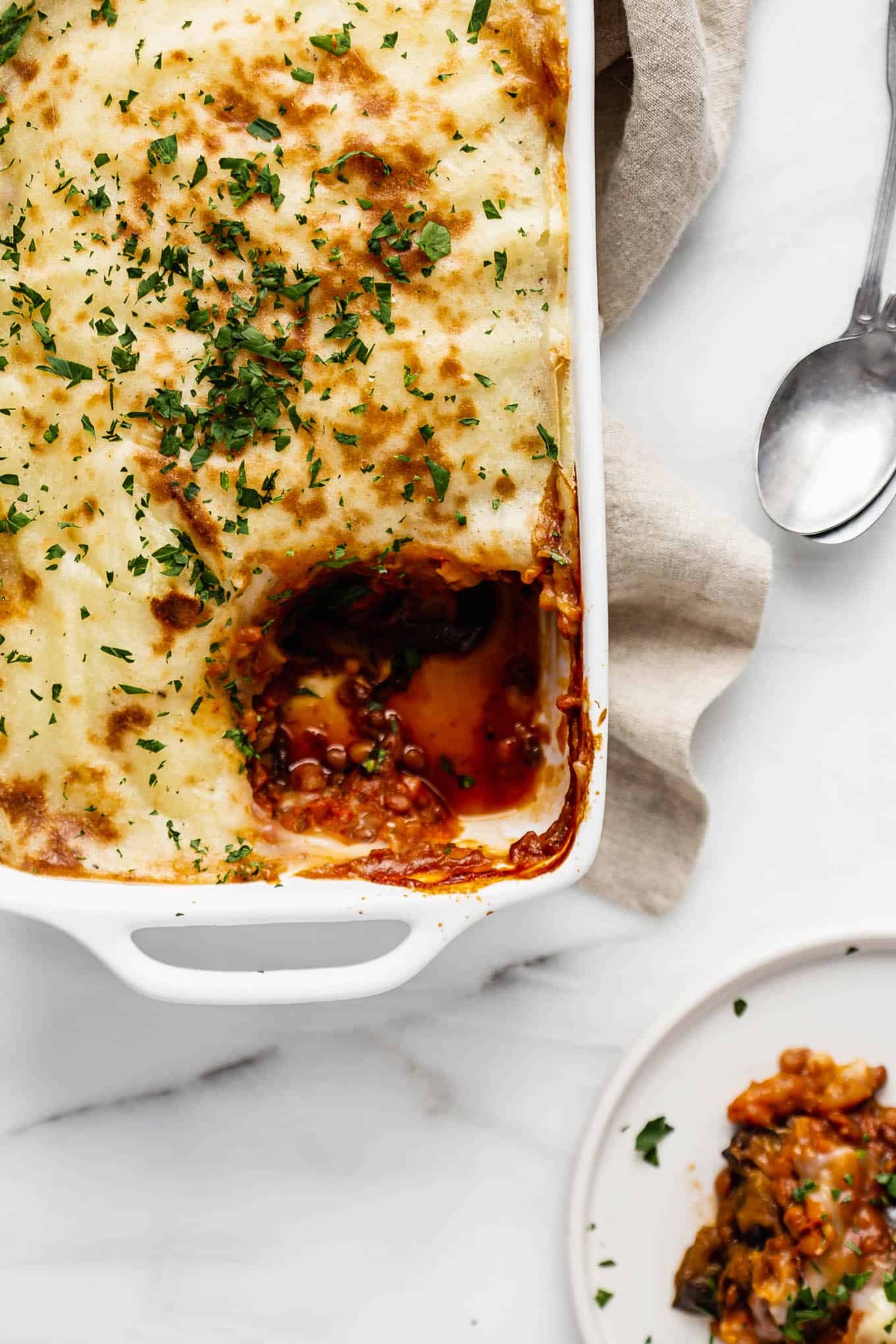 Vegan Lentil Moussaka in a rectangular dish.