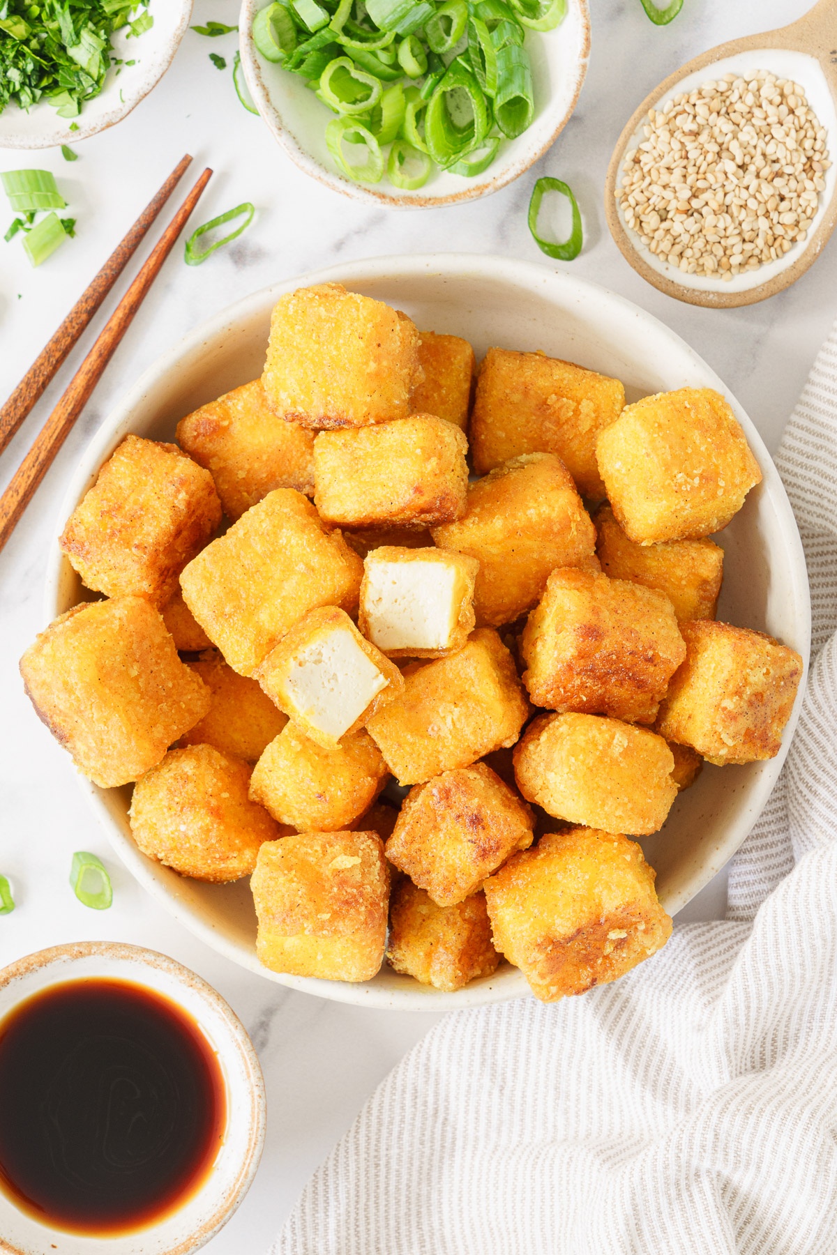Fried tofu in a bowl.