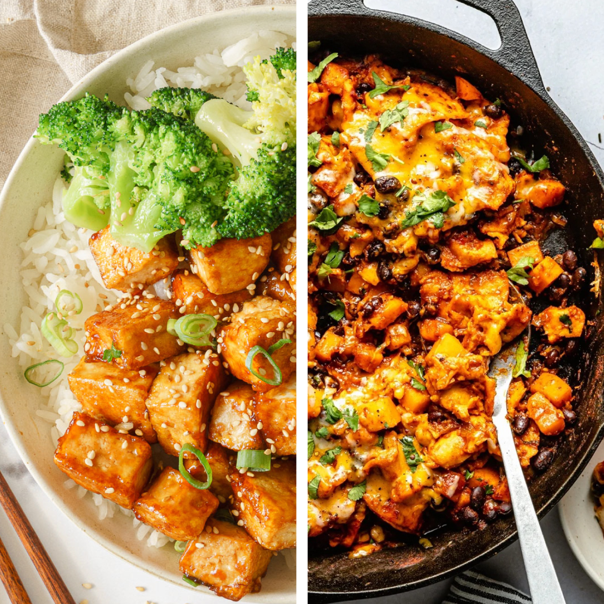 Collage images of Crispy teriyaki tofu and Butternut squash and Black bean enchilada skillet.