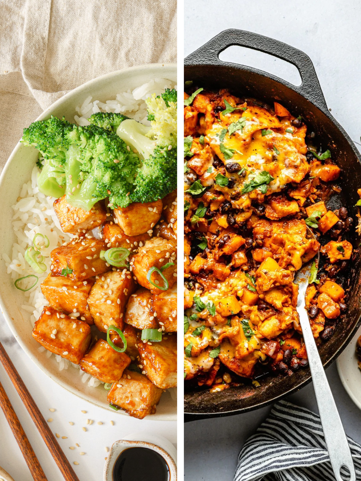 Collage images of Crispy teriyaki tofu and Butternut squash and Black bean enchilada skillet.