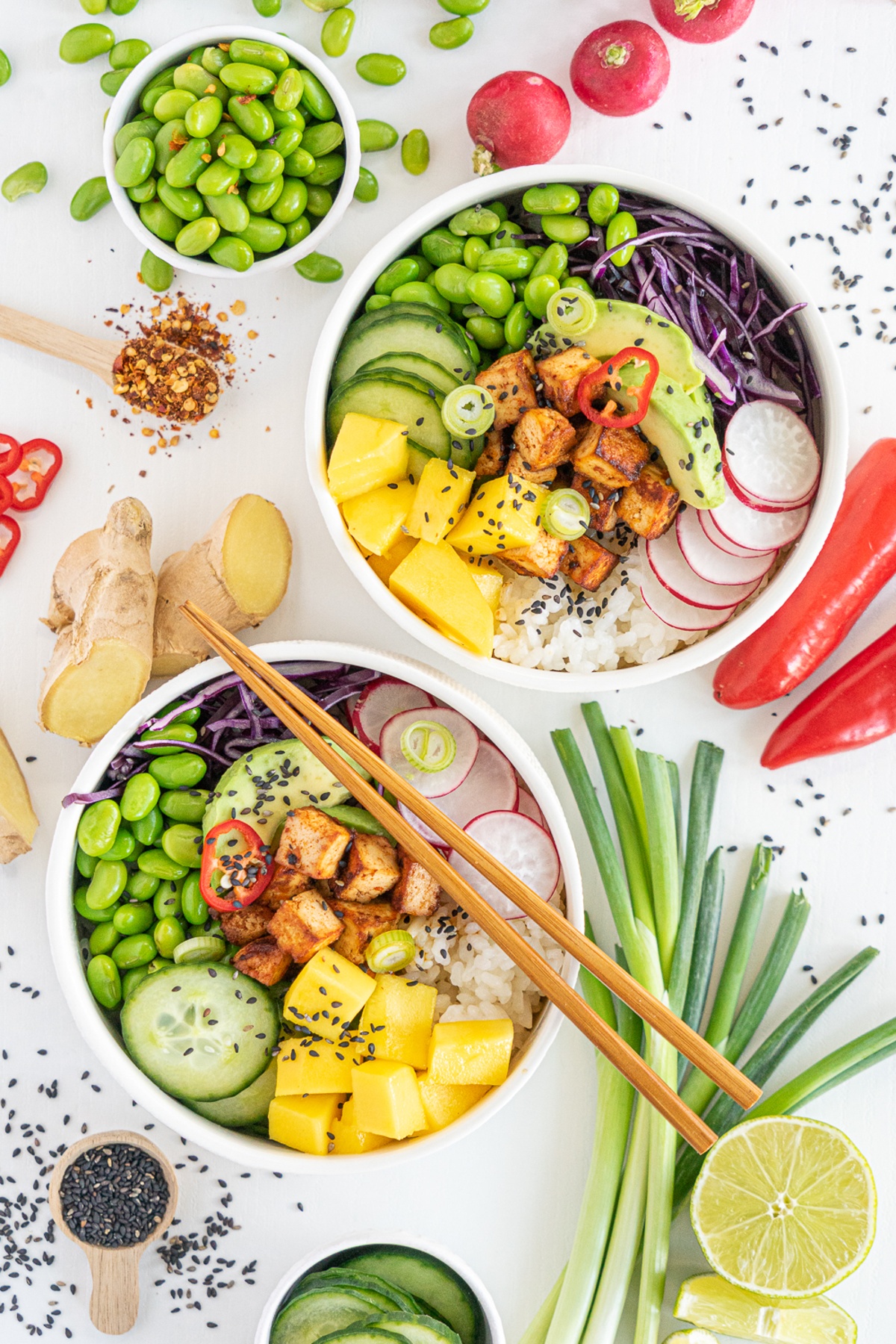 Two sets of vegan poke bowl.