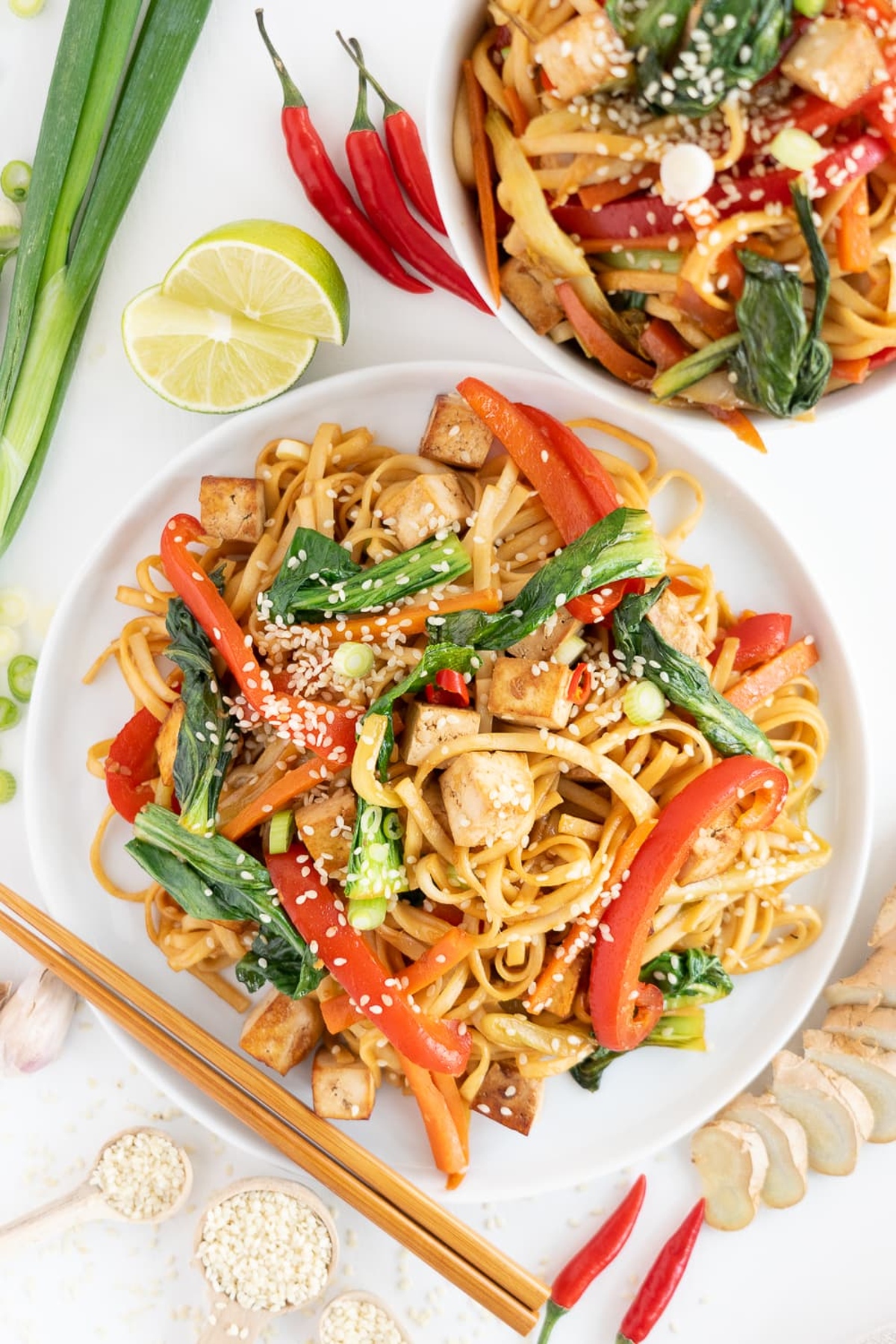 A plate of vegan stir fry noodles.