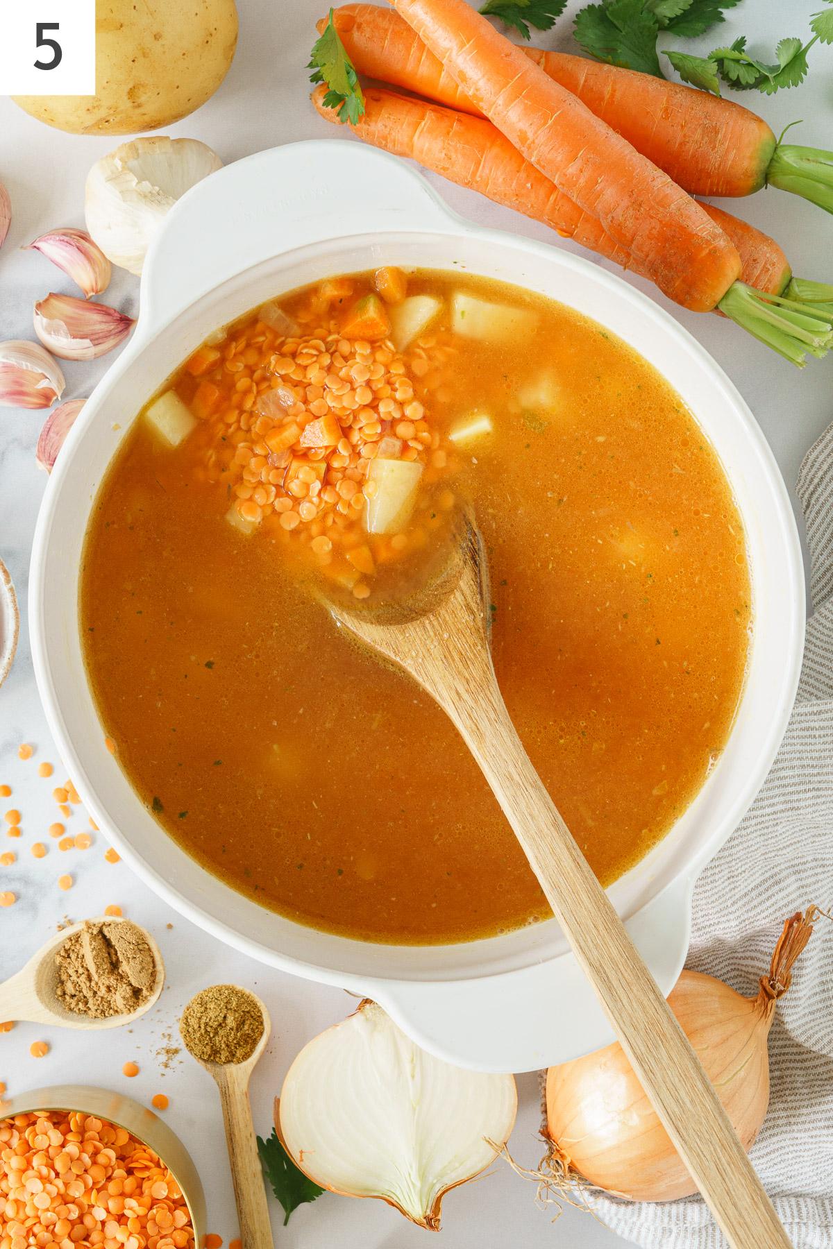Simmered turkish lentil soup in a cooking pot.