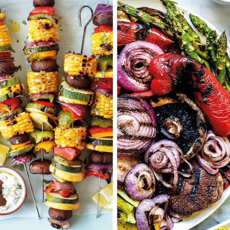 A collage of two image of grilled vegetables.