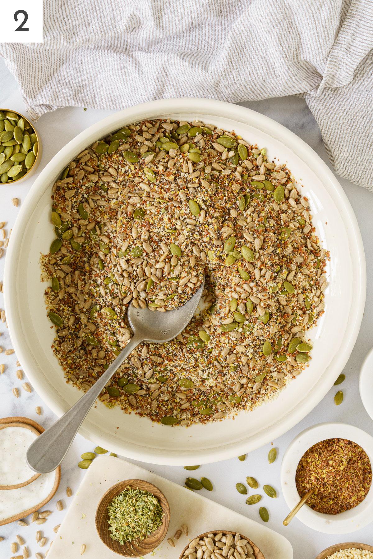 Combined ingredients of seed crackers mix altogether.