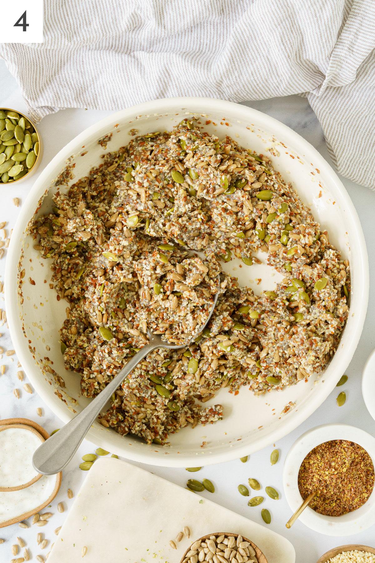 A mixture of all the combined ingredients of seed crackers with water.