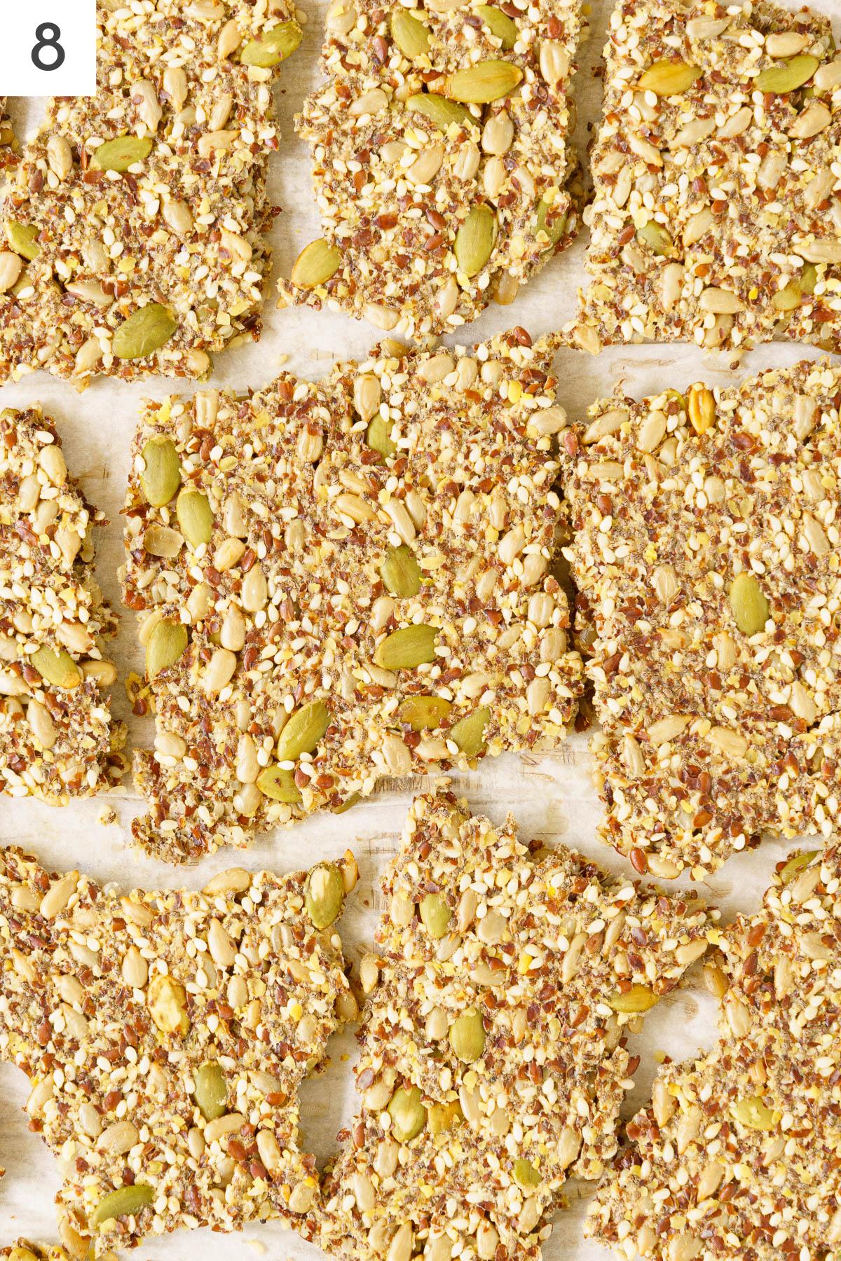 Freshly baked seed crackers cut in squares.