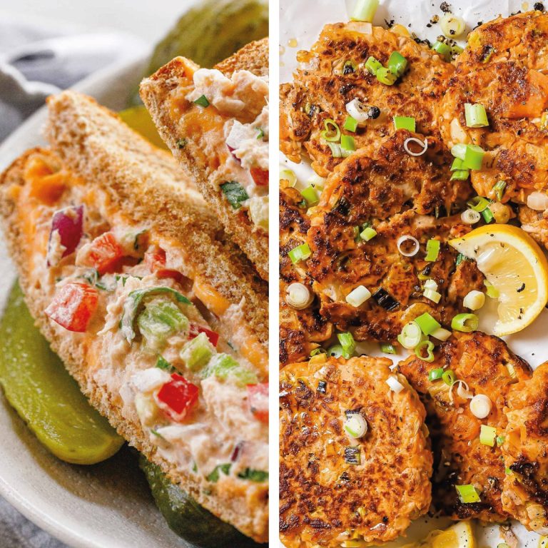 A collage images of tuna melt and sweet potato patties recipes.
