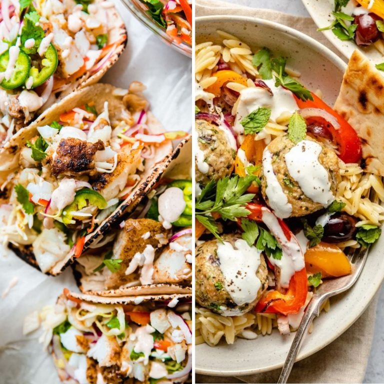 A collage of images showing cod fish tacos and Greek turkey meatballs.